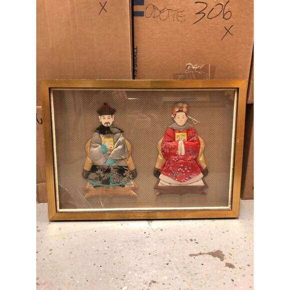Vintage Antique Wooden Framed Two Doll like Figures Made out of Fabric